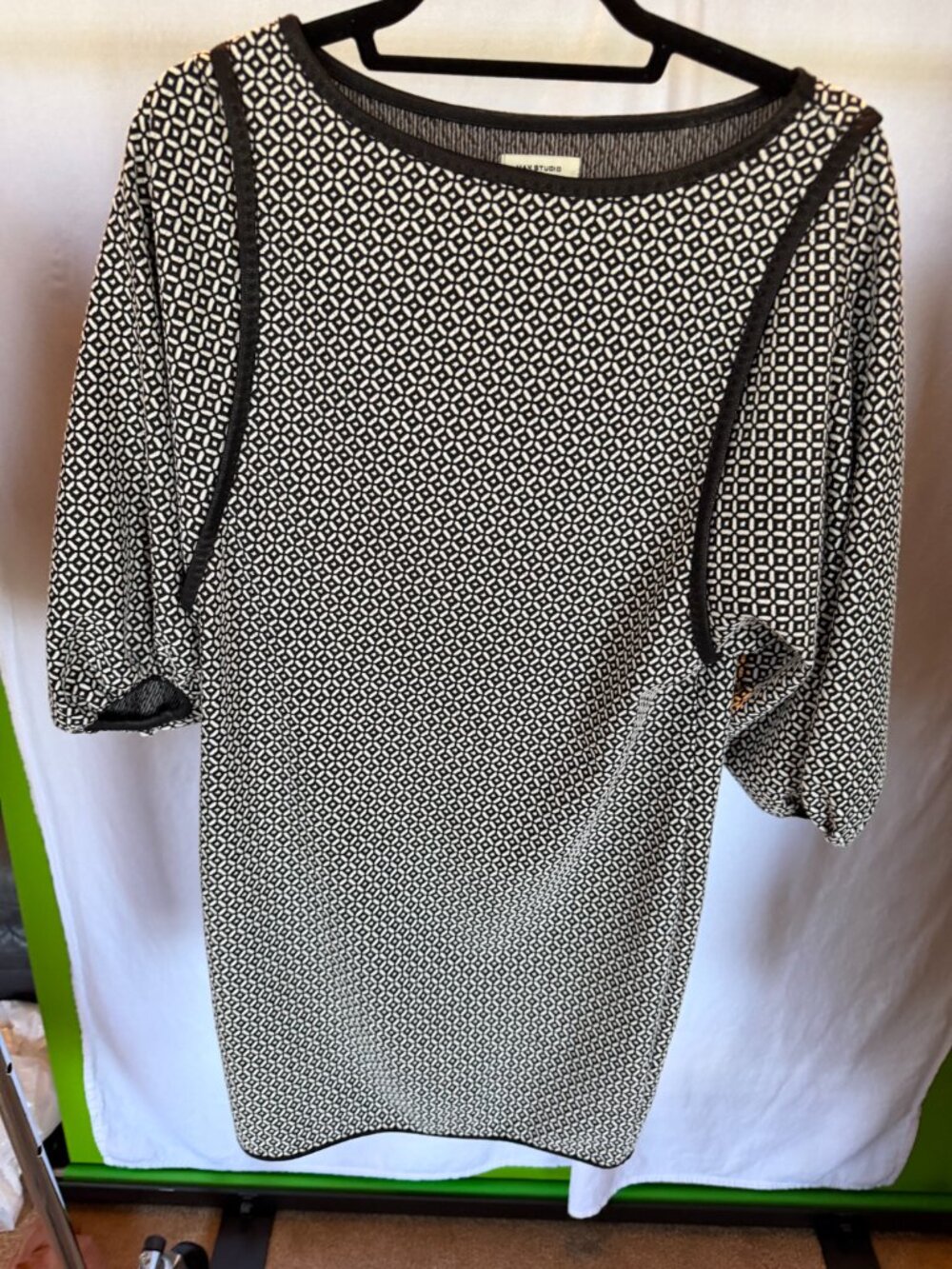 MAX STUDIO Black White Geometric Boat Neck 3/4 Sleeve Dress XS